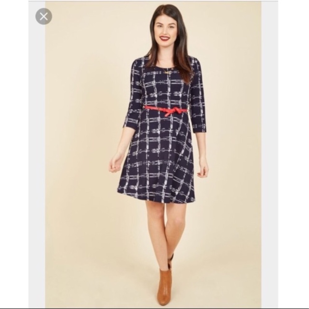 Gilli Navy Textured 3/4 Sleeve Dress ModCloth